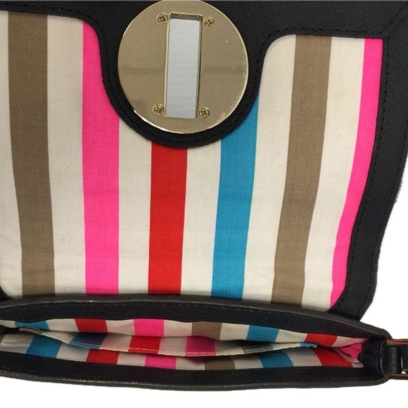 KATE SPADE : Crossbody Black Leather Bag, with stripped lining. - Picture 4 of 5